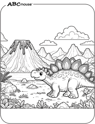 Free printable Stegosaurus Dinosaur near a volcano Coloring Page for kids. 