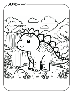 Free printable Stegosaurus Dinosaur near a waterfall Coloring Page for kids. 