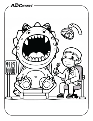 Free printable Stegosaurus Dinosaur at the dentist Coloring Page for kids. 