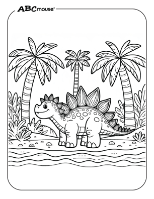 Free printable Stegosaurus Dinosaur in an oasis Coloring Page for kids. 
