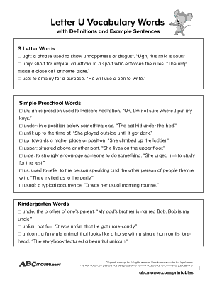 Free printable list of words that start with the letter U complete with definitions and sentences for kids. 