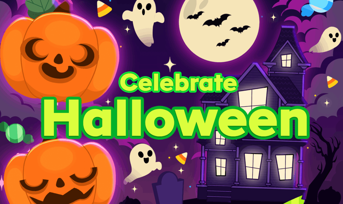 Celebrate Halloween fun illustrated image of pumpkins, bats, ghosts, and a haunted house in the back ground. 
