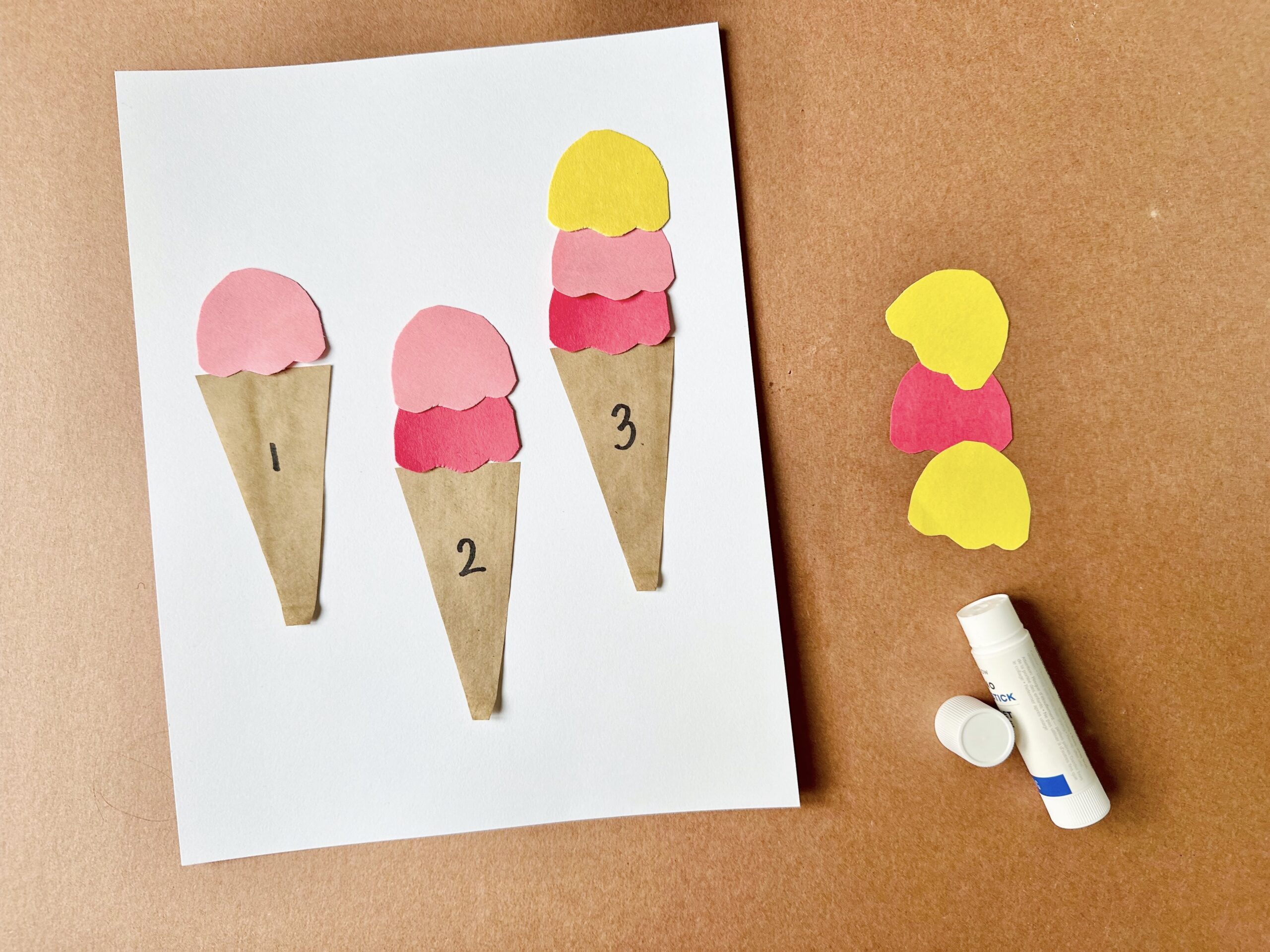 Paper ice cream cone counting activity with numbered cones and colorful scoops to match.