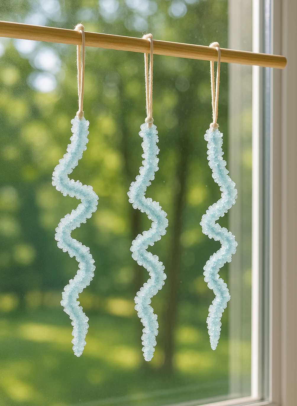 Pipe cleaner crystals hanging in a window.