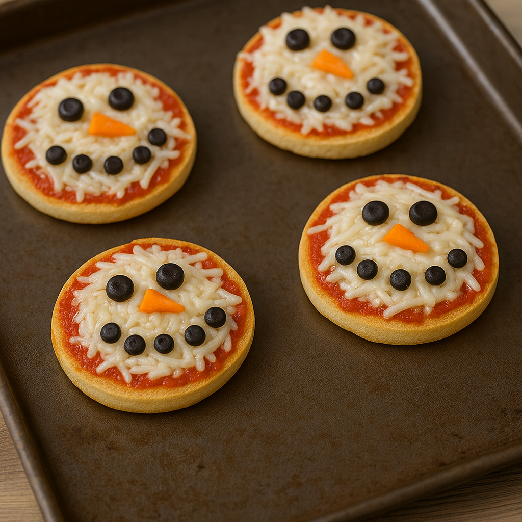 Cute bagel snowman pizza faces.