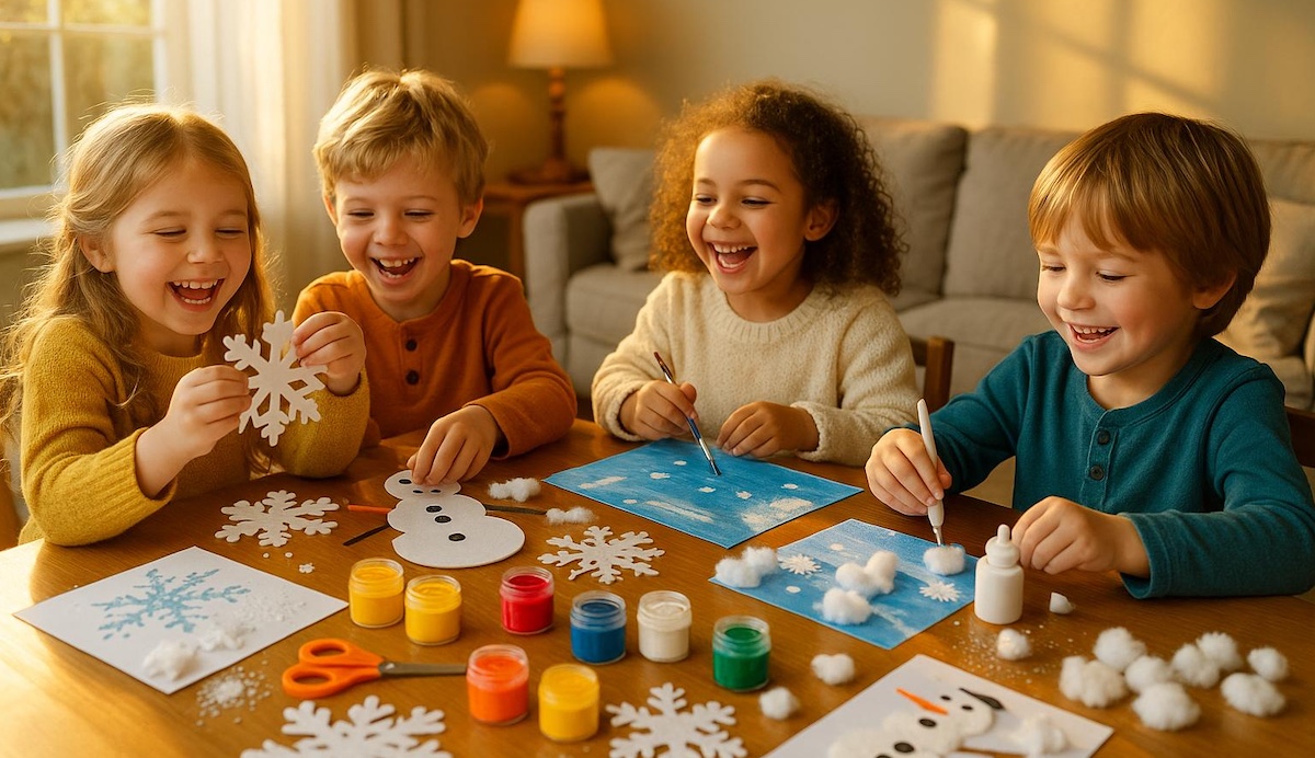 Kids surrounding a table working on fun winter crafts together.