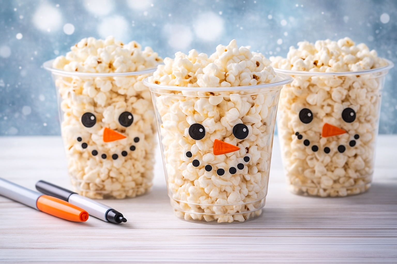 Cute cups with snowman faces filled with popcorn.