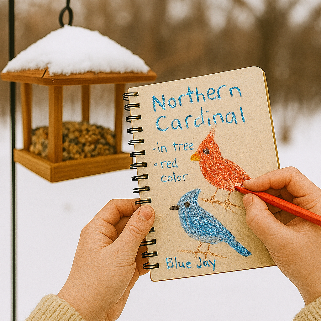 A child holding a notebook with colorful birds drawn on a page, a snowy scene in the background.