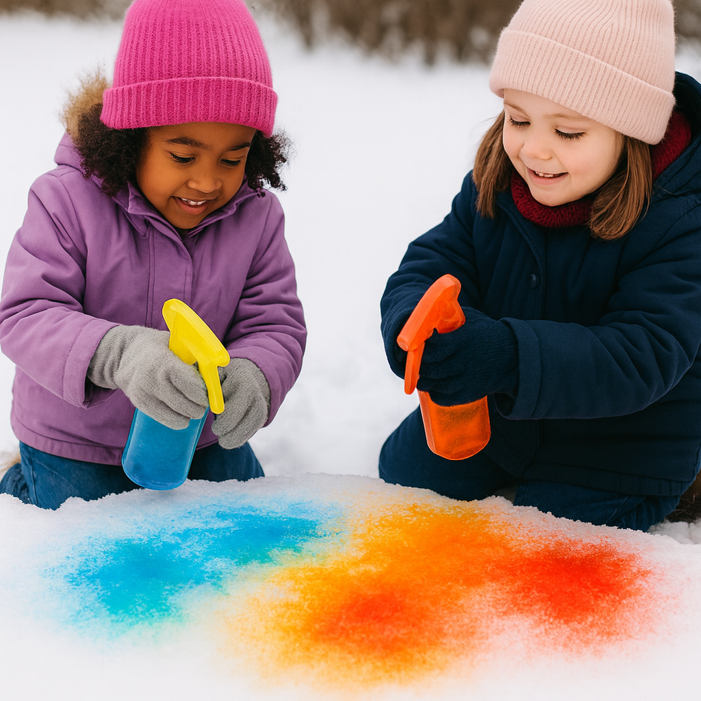Kids holding spray bottles full of colorful water spraying the snow.
