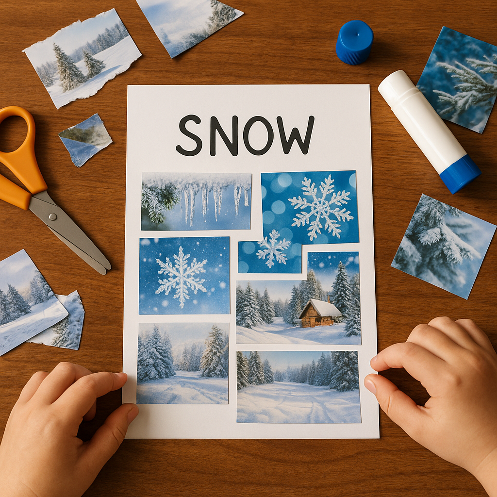 A page of collage pictures of snowy landscape.