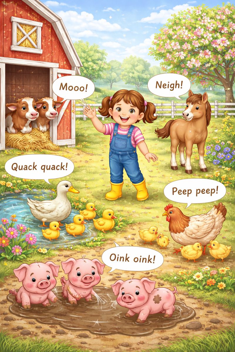 An illustration of a farm scene with a little girl and cows, pigs, ducks, hens, chicks, and a horse around her and standing outside of a barn.