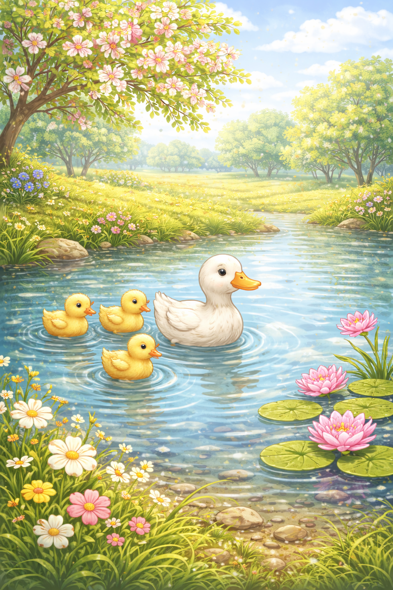 Adorable illustration of a white mama duck leading her three yellow baby ducks down a river in a spring with blooming flowers and trees.