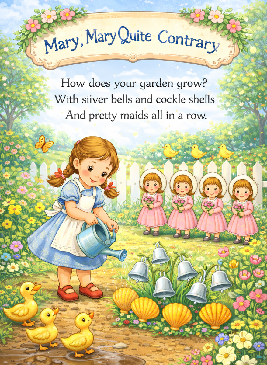 A cute illustration with a young girl watering her garden of silver bells and cockle shells and pretty maids in a row