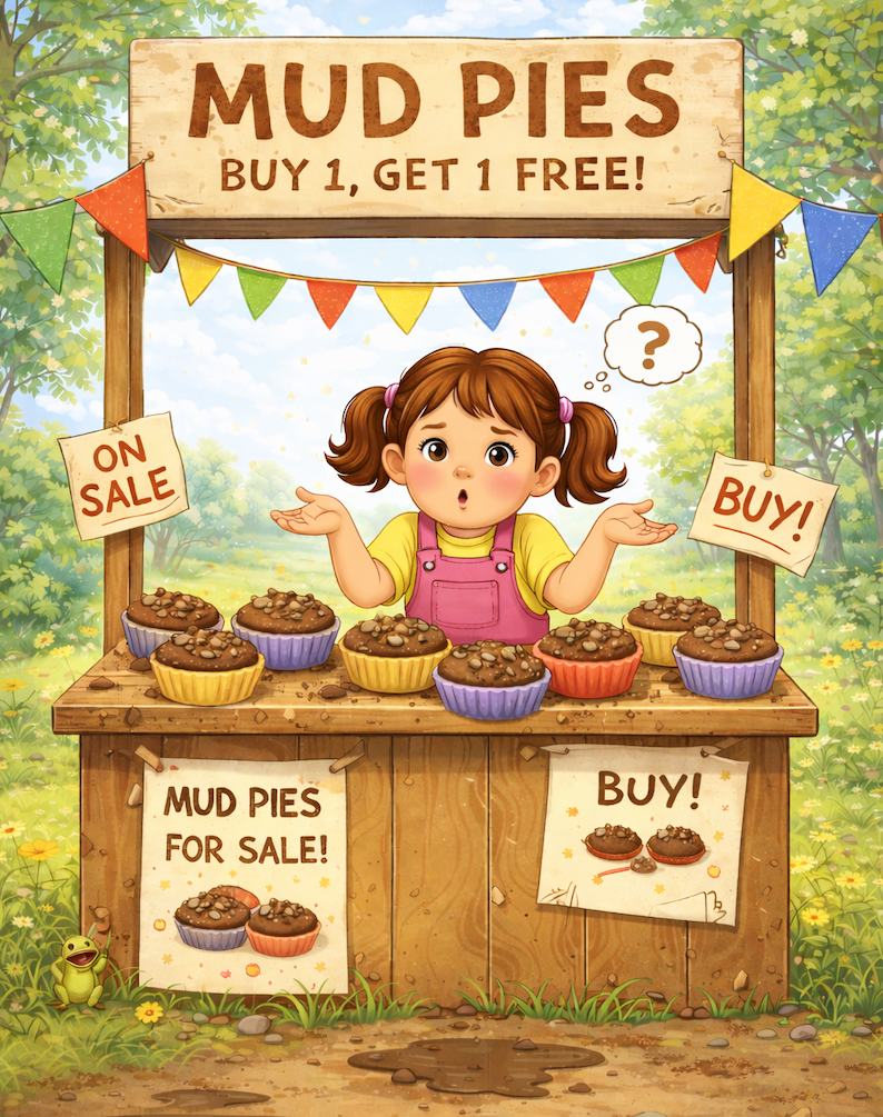A funny illustration of a little girl selling mud pies she made in w wooden booth. She is advertising her mud pies and wondering why no one will buy them.