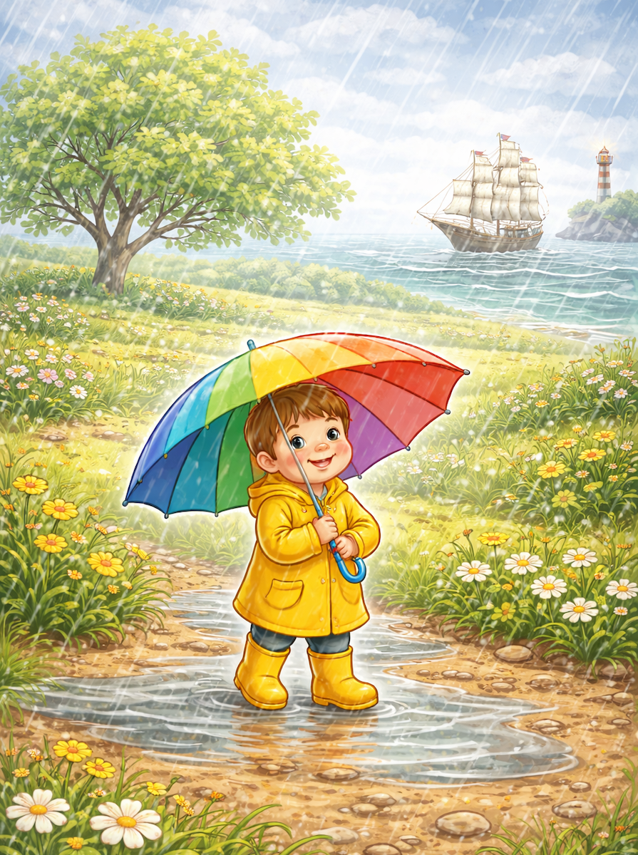 An illustration of a young boy in rainboots and a raincoat and carrying an umbrella. He's standing in a puddle with a blooming field around him and a sea behind him with a ship.