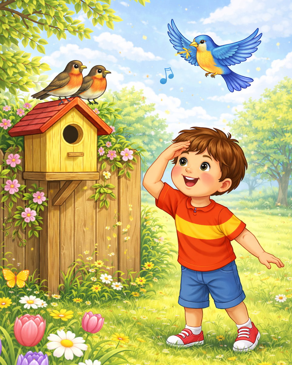 A cute illustration of a little boy in a grassy field with trees and flowers, looking up at two robins on a bird house and a bird flying over him.