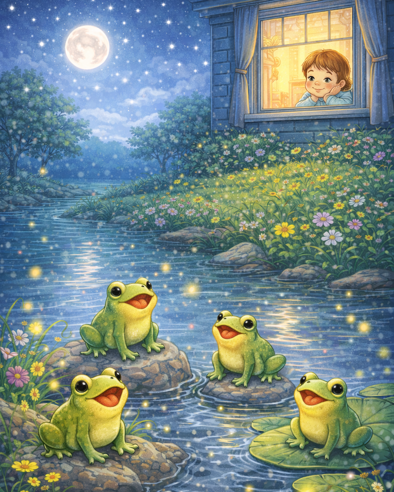A whimsical illustration of frogs on lily pads in a creek with a young child watching them from her window.