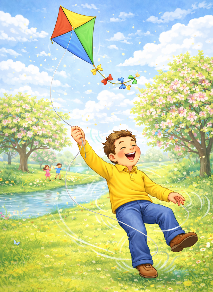 A whimsical illustration of a young boy being twirled around by a kite in his hand, with a spring scene of grass, trees, and a creek behind him.