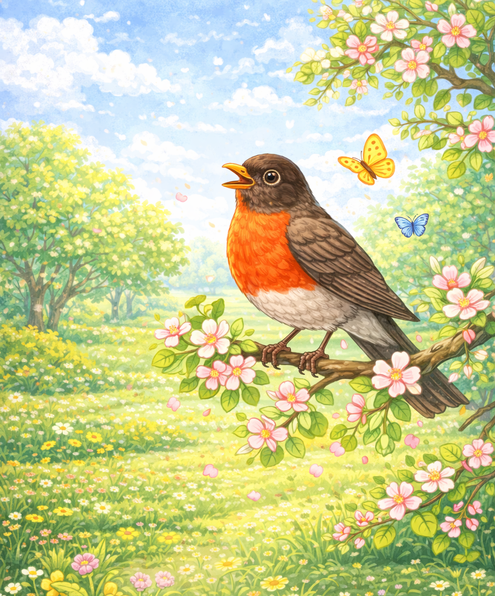 A singing robin sitting on a flowering tree branch with a blue and yellow butterfly fluttering around it.