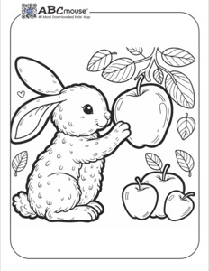 Cute bunny picking an apple from a leafy branch beside two apples—free printable coloring page for kids from ABCmouse.com.