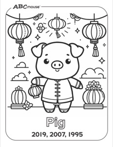 Chinese New Year Pig with Lanterns Coloring Page | ABCmouse