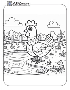 Chicken on a Farm Scene with Pond Coloring Page | ABCmouse
