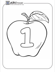 Large apple with the numeral 1 inside it—free printable coloring page for kids from ABCmouse.com.