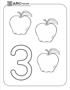 Three apples beside the large numeral 3—free printable coloring page for kids from ABCmouse.com.