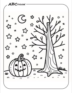 Pumpkin and tree coloring page with stars and moon | ABCmouse