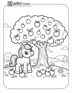 Cute pony standing beneath an apple tree with fallen apples on the ground—free printable coloring page for kids from ABCmouse.com.