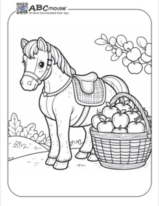 Horse standing beside a large basket filled with apples—free printable coloring page for kids from ABCmouse.com.