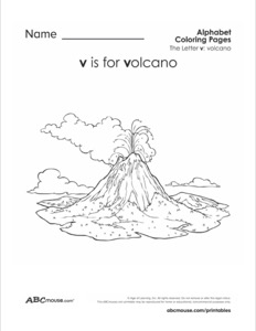 Letter V Coloring Page with volcano image | ABCmouse