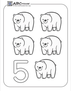 Counting bears with number 5 outline Coloring Page | ABCmouse
