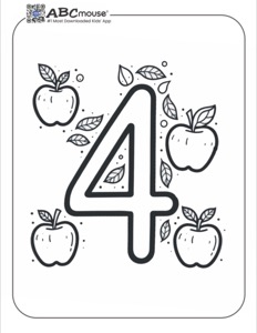 Four apples surrounding the large numeral 4—free printable coloring page for kids from ABCmouse.com.