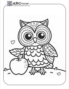 Cute patterned owl standing beside a large apple—free printable coloring page for kids from ABCmouse.com.