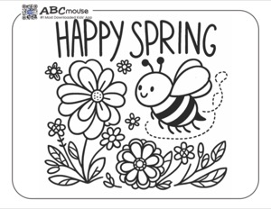 Black and white spring coloring page featuring a flying bee hovering over a variety of flowers and the words Happy Spring