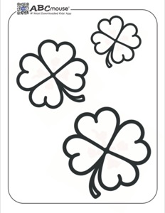 A 3 shamrocks black and white coloring page for kids from ABCmouse.com.