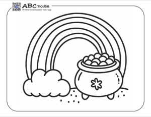 A pot of gold at the end of a rainbow black and white coloring page for kids from ABCmouse.com.