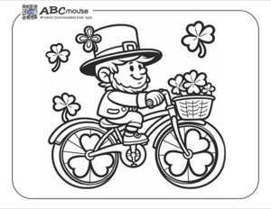 A leprechaun riding a bike black and white coloring page for kids.