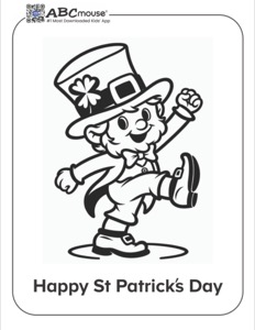 A leprechaun marching black and white coloring page for kids from ABCmouse.com.