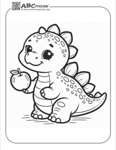 Cute baby dinosaur holding a small apple—free printable coloring page for kids from ABCmouse.com.