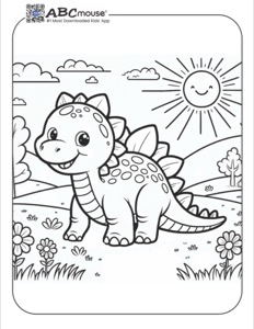 Stackasaurus Colouring Cute Stegosaurus Coloring Page with a Happy Outdoor Background | ABCmouse