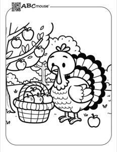 Turkey standing in an apple orchard beside a basket filled with apples—free printable coloring page for kids from ABCmouse.com.