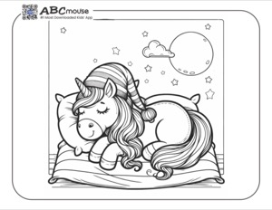 Sleeping Unicorn Coloring Page with a Stars and Moon Background | ABCmouse