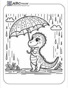 Cute Velociraptor with an Umbrella in the Rain Coloring Page | ABCmouse