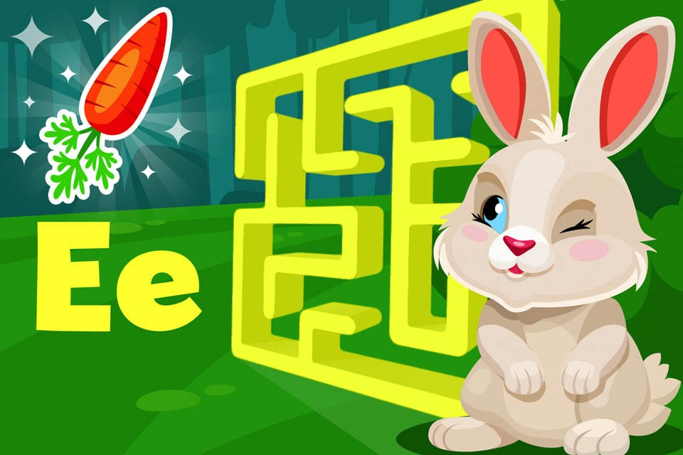 Letter e bunny hop free online maze game for kids from ABCmouse.com. 