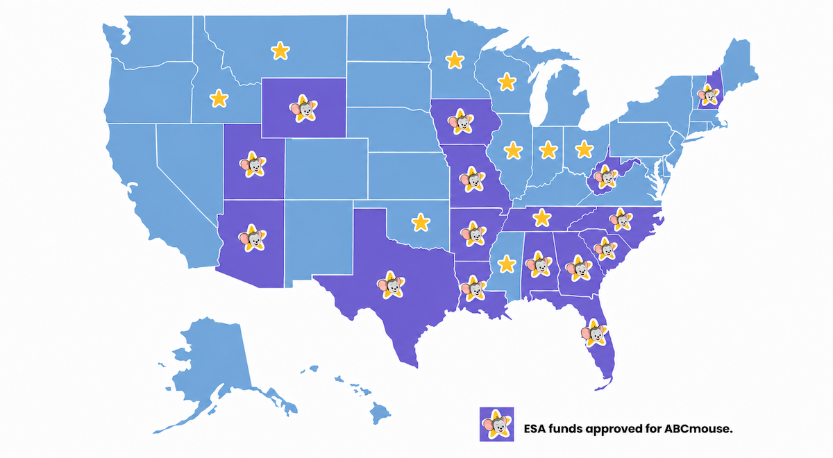 Map showing states in the US that offer ESA accounts and states where ESA funds can be used to purchase ABCmouse.