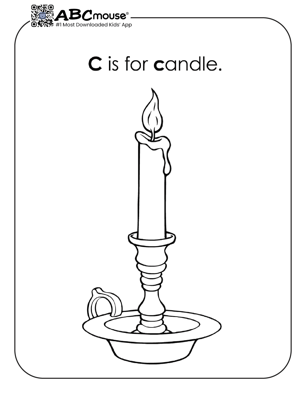 Free printable letter C is for candle coloring page for kids from ABCmouse.com.