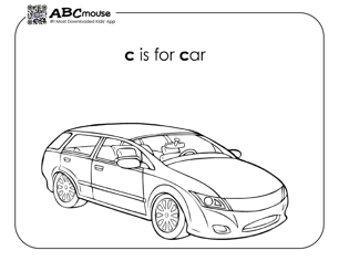 Free printable letter C is for car coloring page for kids from ABCmouse.com.