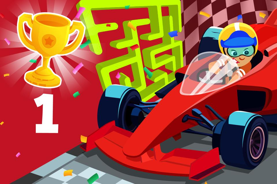 Fun race maze for preschoolers to learn about the number 1. 